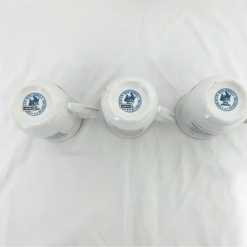 VINTAGE SET Of 3 Norman Rockwell Museum Coffee Mugs Cups White Gold Trim JAPAN